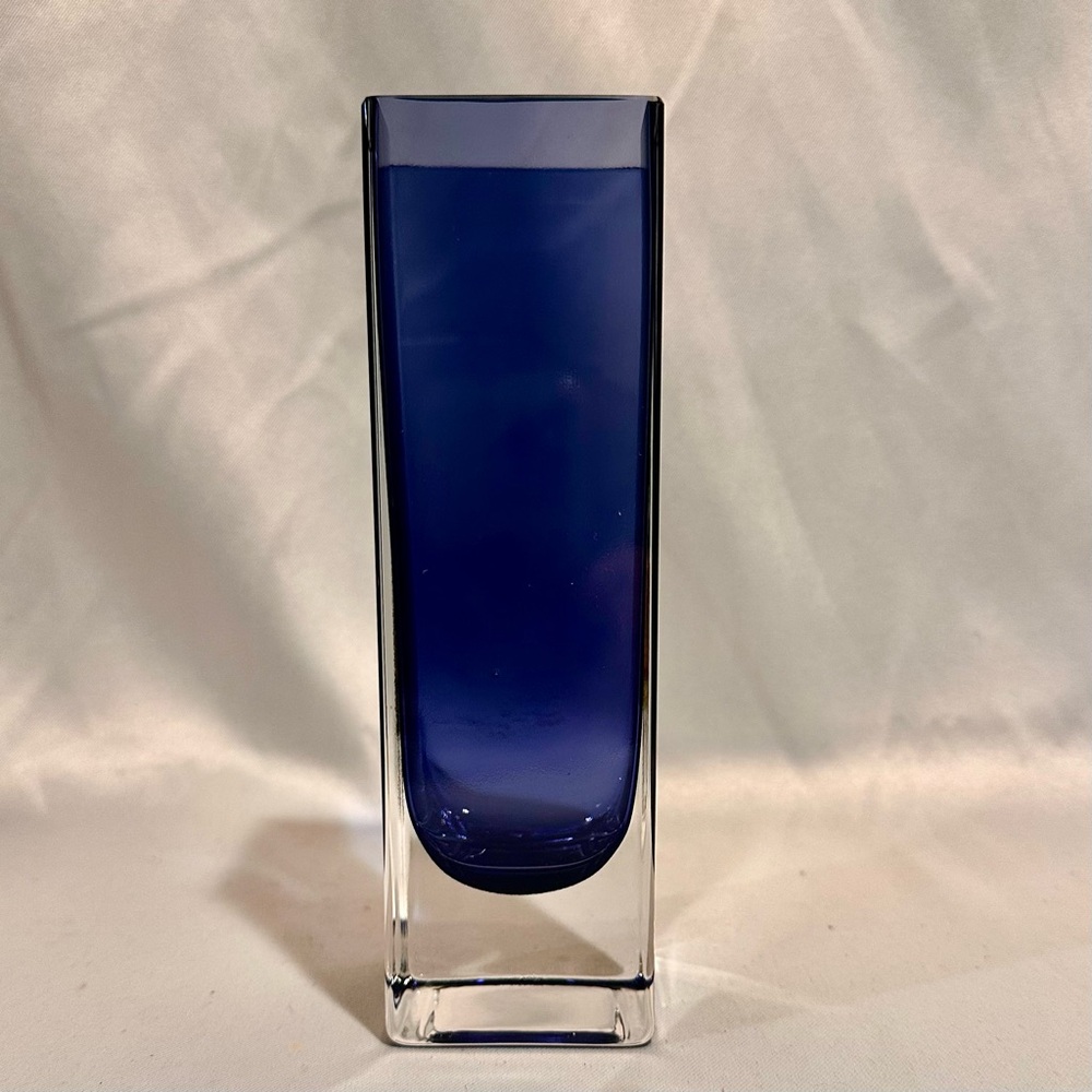 Mid-Century Murano Somerso Style  Sapphire Blue Square Vase